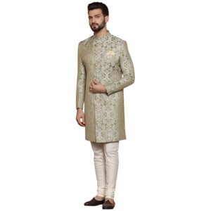 kisah men's ethnic wear silk blend woven design regular fit olive indo western sherwani set indo western