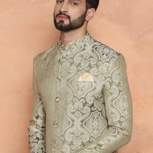 kisah men's ethnic wear silk blend woven design regular fit olive indo western sherwani set indo western