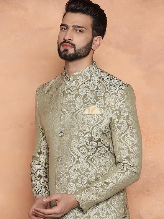 kisah men's ethnic wear silk blend woven design regular fit olive indo western sherwani set indo western