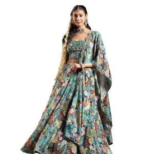 stylum women's green floral printed & embroidered silk blend lehenga choli with dupatta